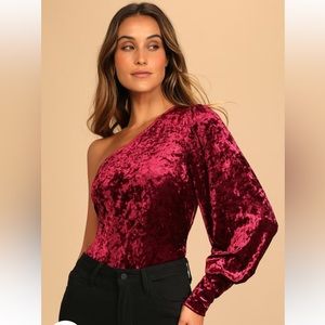 Small, Lulus - Cheer and Delight Burgundy Crushed Velvet One-Shoulder Bodysuit